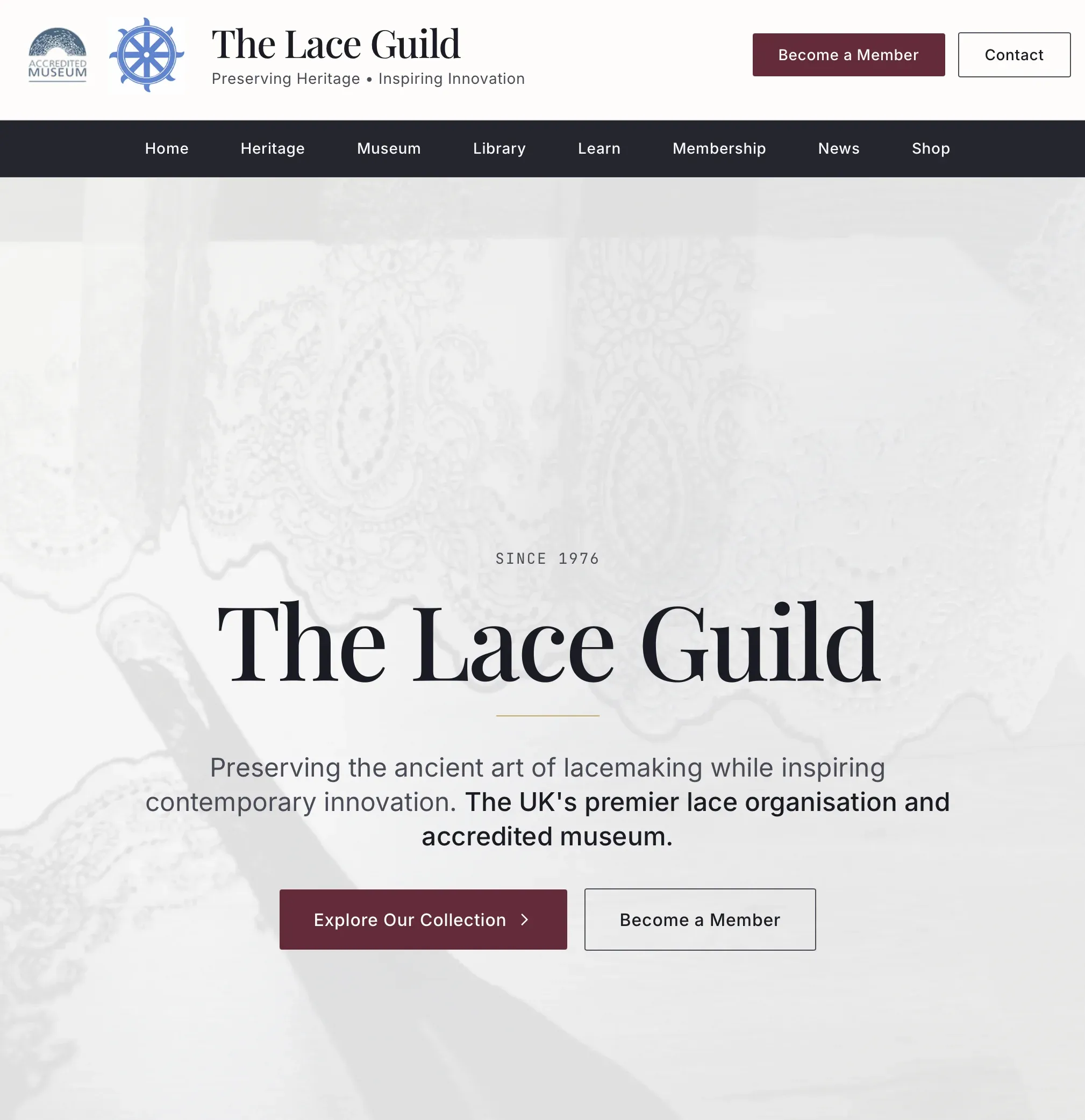 The Lace Guild website showing its lace-making heritage