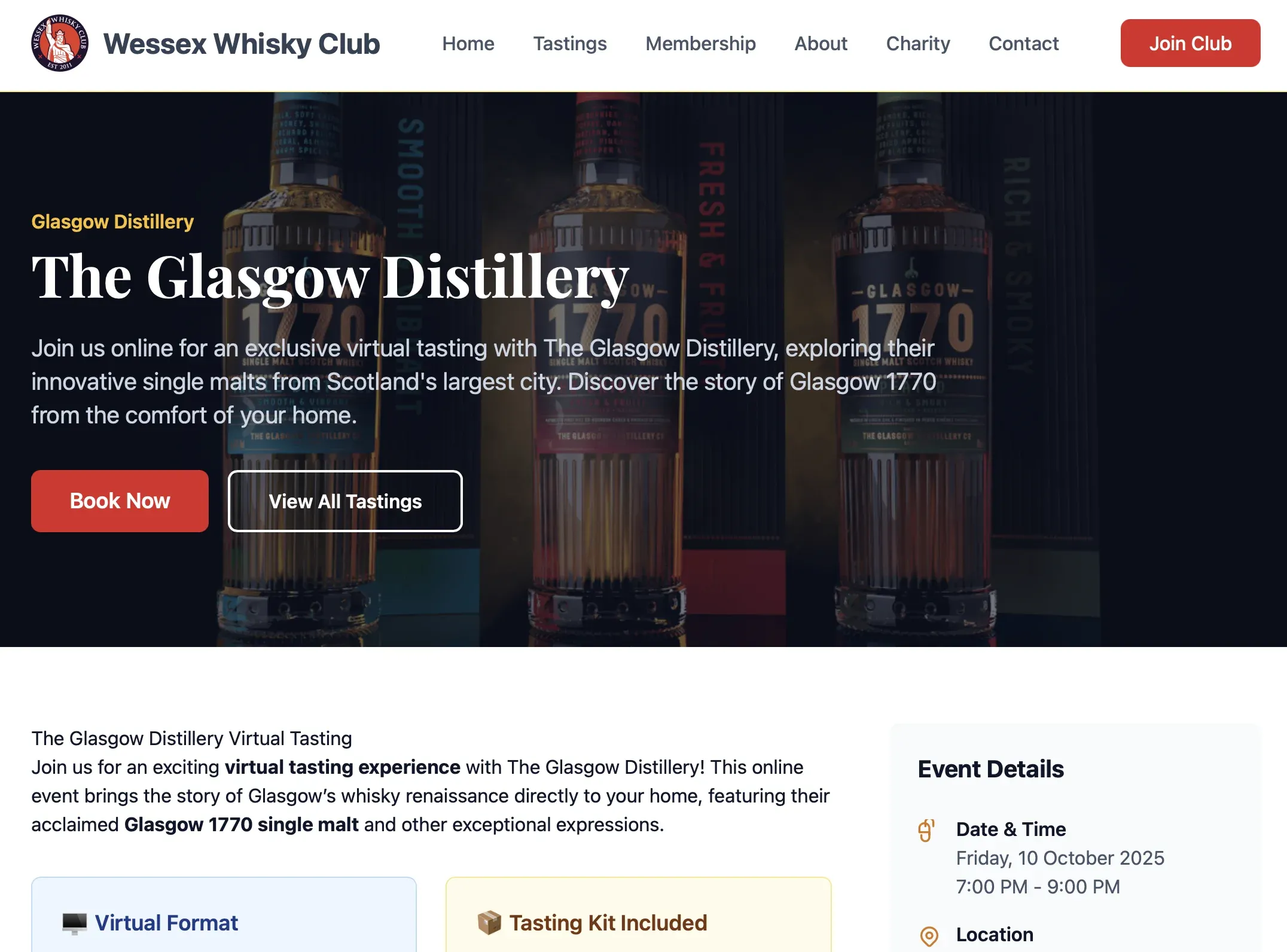 Wessex Whisky Club website presenting tastings, membership and charitable activity