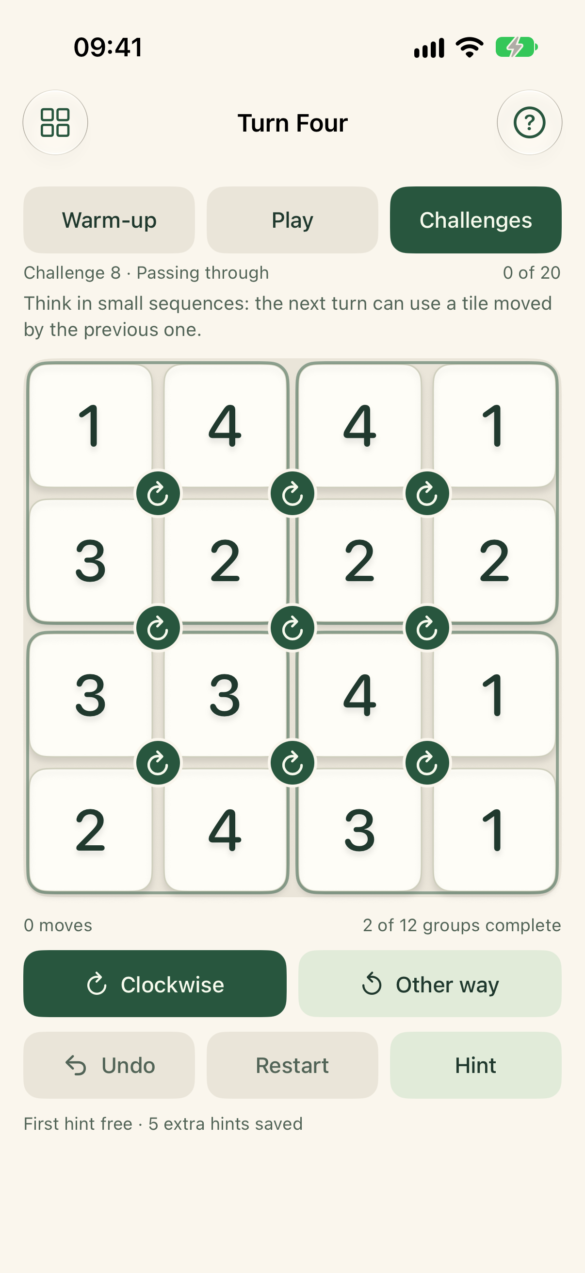 Challenge 8, Passing through, with its explanation and a board that needs several turns.