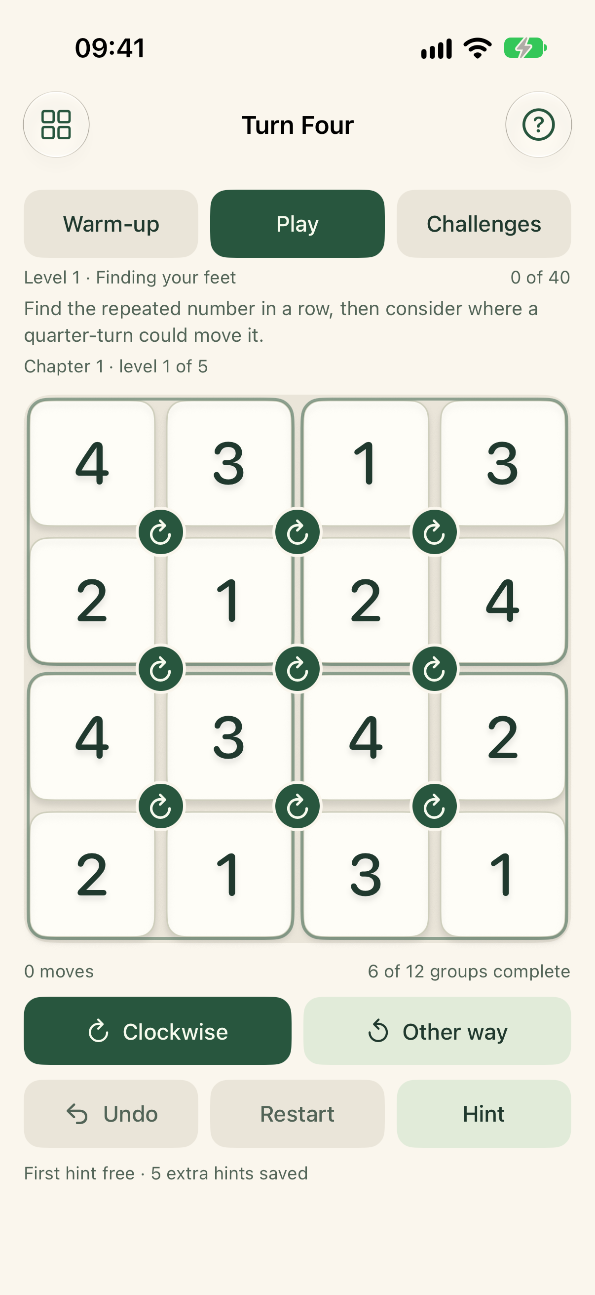 Turn Four's first Play level, showing a four-by-four number board, round rotation arrows and Undo, Restart and Hint controls.